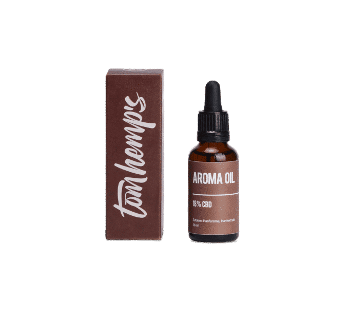 Tom Hemp's CBD Aroma Öl mit 18% inklusive Verpackung.