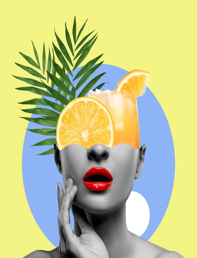 Woman,With,Orange,Juice,And,Green,Leaves,In,Head,On