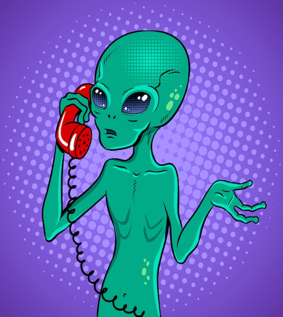 Alien,speaking,phone,pop,art,retro,vector,illustration.,contact,with