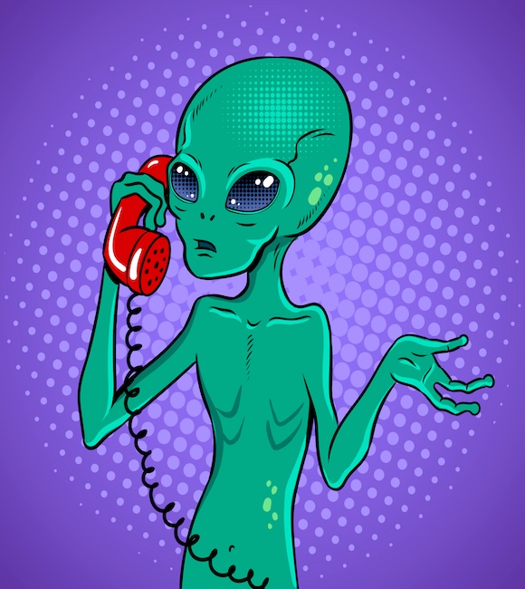 Alien,Speaking,Phone,Pop,Art,Retro,Vector,Illustration.,Contact,With